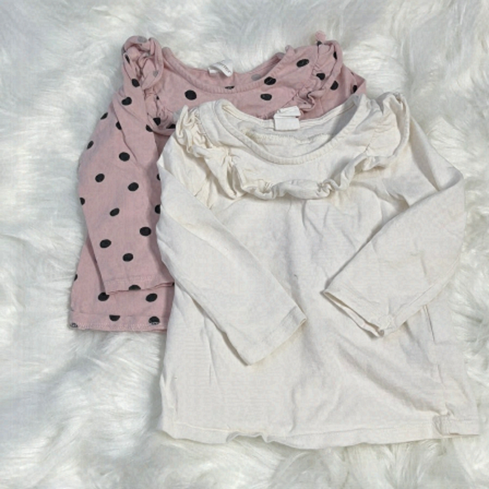 3/$20 ❤️ H&M Pink Polka Dots &Beige Ruffled Long Sleeves Shirt Set US 9-12M